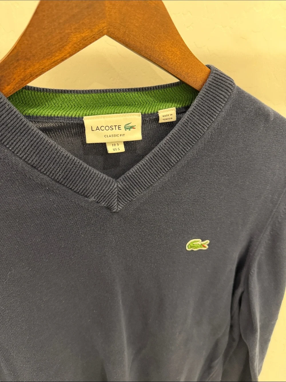 Lacoste Men's Navy V-Neck Pullover with Green Croc Emblem